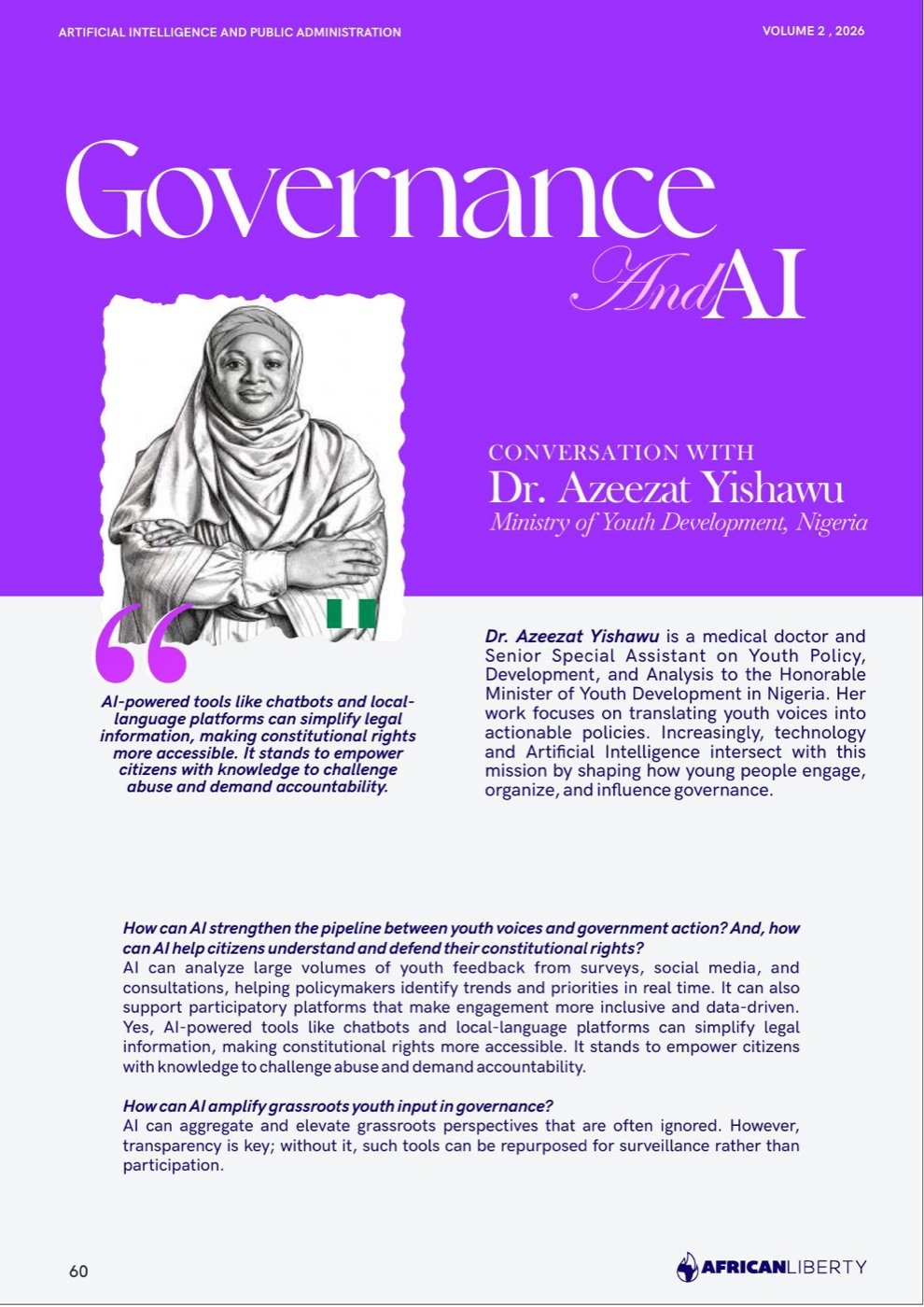 Feature spread titled Governance and AI: a conversation with Dr. Azeezat Yishawu, Ministry of Youth Development, Nigeria